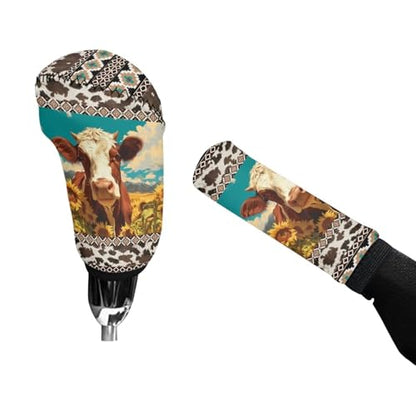 Bulopur Car Shifter Gear Hand Brake Trim Cover Set for Most Cars Van SUV Sedan Truck Auto Accessories - color: Aztec Sunflower Highland Cow Print