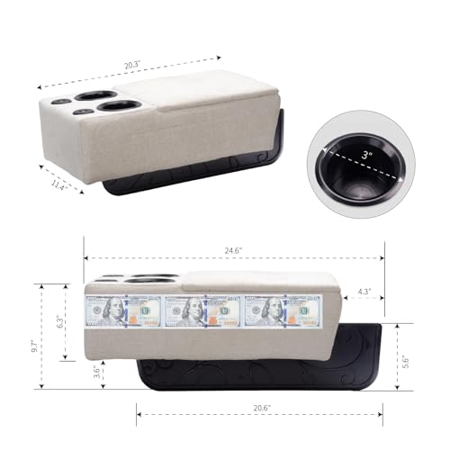 Removable Sofa Armrest, Dual Cup Holders Large Size Multifunctional Couch Caddy Storage Arm Rest with Power Wireless Charging Stand & LED Reading Light for Sofa Middle Seat Parts