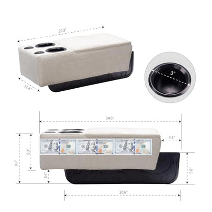Removable Sofa Armrest, Dual Cup Holders Large Size Multifunctional Couch Caddy Storage Arm Rest with Power Wireless Charging Stand & LED Reading Light for Sofa Middle Seat Parts