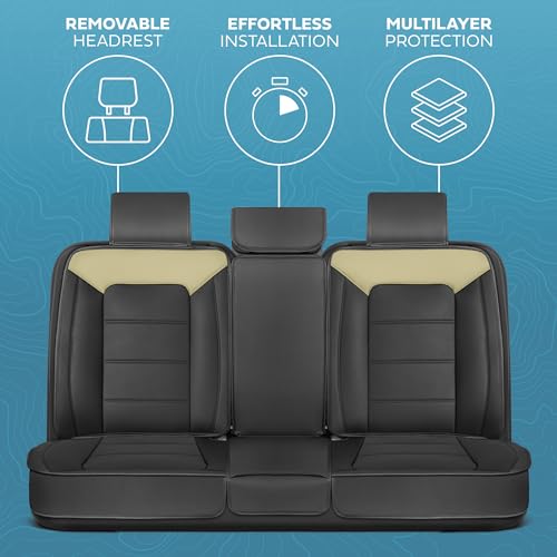 Motorbox Classic Edition Bench Seat Cover, Premium Faux Leather Back Seat Covers for Cars Trucks Vans SUV, Rear Car Seat Covers Back Seats Only, Automotive Interior Cover - Beige - color: Black/Beige Rear Seat