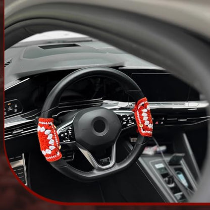 Crochet Steering Wheel Cover, Handmade Red Flower Crochet Fabric Soft Knitted Car Interior Accessories for Women, Cute Steering Wheel Decoration (Red)