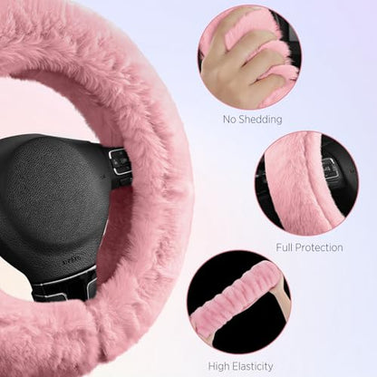 Road Comforts Steering Wheel Cover, Fluffy Car Wheel Covers for Women/Girls/Ladies，Soft Wool Fur Steering Wheel Protector, Universal 14 1/2 inches to 15 inches - Pink - color: Pink
