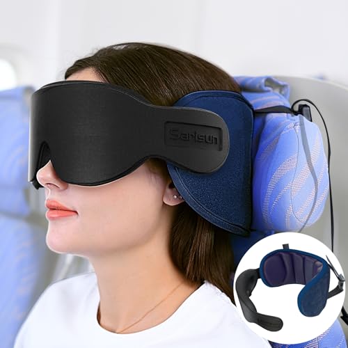 SARISUN Travel Pillows for Airplanes, Airplane Pillow with 3D Eye Mask for Sleeping, 360° Support Head Strap for Long Flights, Car, Road Trip Car Headrest, Travel Essentials Stop Bobblehead, Purple - color: Purple