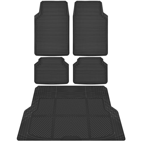CAR PASS Black Rubber Car Floor Mats & Cargo Liners, All Weather Car Mats & Trunk Mats,Waterproof Automotive Floor Mats Trim to Fit for Most Cars Sedans SUVs Vans, Durable Heavy Duty Anti-Slip,Black - color: Black with cargo liner