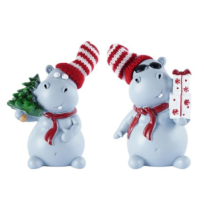 2-Piece Funny Christmas Hippo Ornaments Hippopotamus Gifts Resin Hippo Figurines for Indoor Tabletop Christmas Decorations Holiday Home Decor, Ideal Xmas Gift for Family & Friends