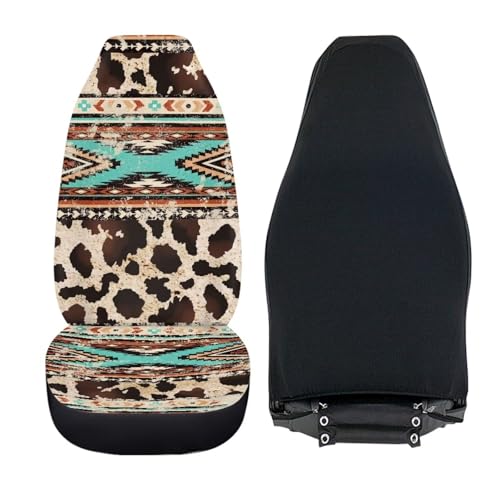 Car Seat Covers Front Seats Only for Women Men Auto Seat Covers Set of 2 Pack Bucket Cover for Cars SUV Truck Sedan, Easy to Install（Aztec Ethnic Cow Leopard Print 83） - color: Aztec Ethnic Cow Print 83