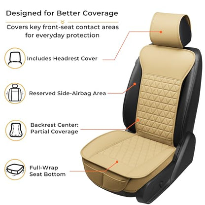 Black Seal 2-Pack Front Car Seat Covers, Faux Leather Seat Bottom Covers with Partial Backrest Protection, Side Wrap Design, Universal Fit for Most Cars, SUVs, Trucks, Vans (Beige)