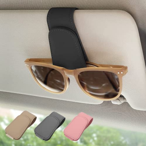 Magnetic Leather Sunglass Holder, Eyeglass Hanger Clip for Car Sun Visor, Suitable for Different Size Eyeglasses(Black, 1 Pack) - color: Black