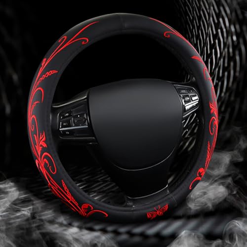 Red Embroidery Butterfly Car Steering Wheel Cover,14.5-15 Inch Universal Leather Covers Breathable Anti-Slip Odorless Steering Wheels Accessories for Men Women - color: Embroidery Red