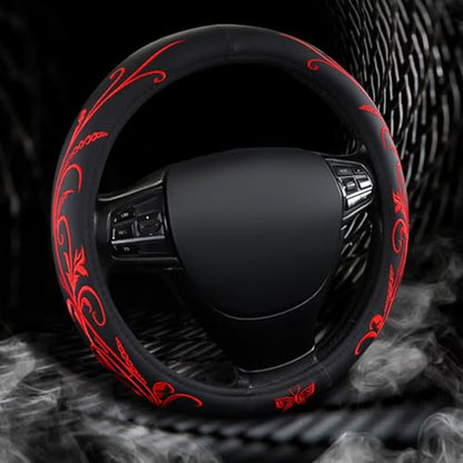 Red Embroidery Butterfly Car Steering Wheel Cover,14.5-15 Inch Universal Leather Covers Breathable Anti-Slip Odorless Steering Wheels Accessories for Men Women - color: Embroidery Red