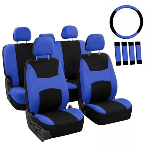 FH Group Full Set Cloth Car Seat Covers , Universal Fit Combo Set with Steering Wheel Cover and Seat Belt Pad for Cars, SUVs and Trucks, Blue - color: Blue/Black