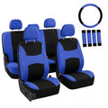 FH Group Full Set Cloth Car Seat Covers , Universal Fit Combo Set with Steering Wheel Cover and Seat Belt Pad for Cars, SUVs and Trucks, Blue - color: Blue/Black