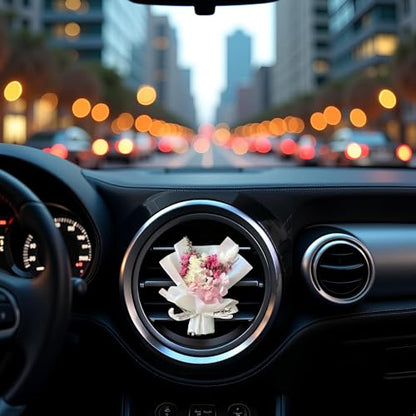 Fresh Flowers Mini Dried Flowers Bouquet for Car Air Vent Clips, Car Air Outlet Perfume Decoration, Air Fresheners Interior Accessories,Automotive Air Fresheners Pink (White, Random fragrance)
