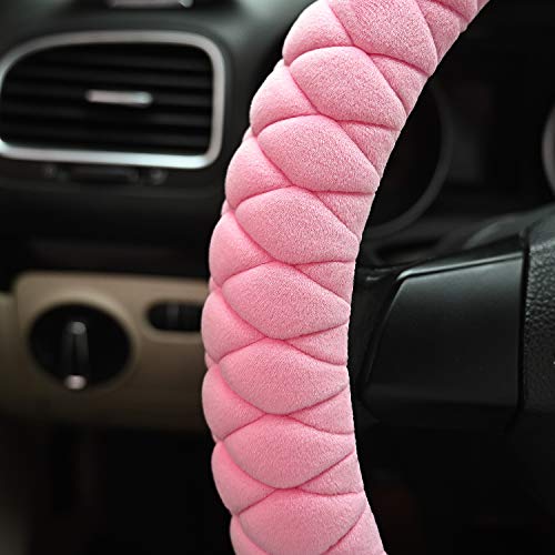 Luxury Fluffy Steering Wheel Cover for Women Girls,Soft Warm Short Plush Steering Wheel Cover Pink Fuzzy with Universal 14.5-15 Inch