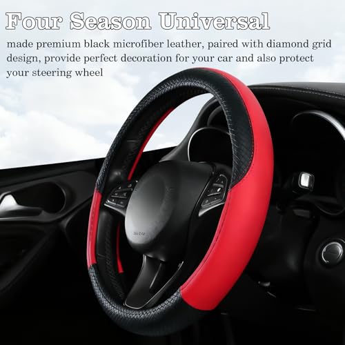Black & Red Car Steering Wheel Cover, Microfiber, Leather Patchwork, Universal 14.5-15 Inch Leather Anti-Slip Breathable Auto Steering Wheel Covers for Men Women