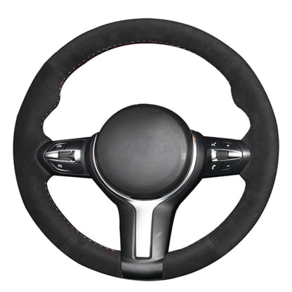 MEWANT Hand-Stitched Steering Wheel Cover for BMW (M Sport) F22 F23 F30 F34 F32 F33 F36 F10 F07 F12 F13 F06 F39 F25 F26 F15 F16, DIY Custom Fit Steering Wheel Wrap for BMW - color: 18:Black Athsuede&M thread