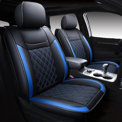 Huidasource Grand Cherokee Seat Covers, Waterproof Leather Customized Car Seat Cushion Covers, Full Set Seat Protector Compatible with Grand Cherokee 2011-2022, (5 Pcs Full Set/Black&Blue) - color: Full Set/Blue, size: Old Version