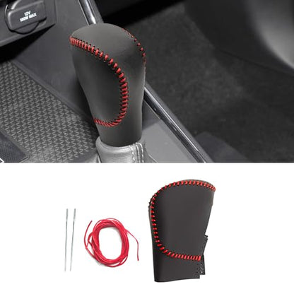 Compatible with DIY Genuine Black Leather Gear Shift Knob Cover Interior Accessories Protective Decoration for Honda CRV 2023 2024 2025 2026 Red Stitches