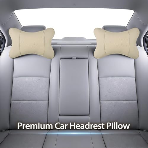 2 Pack Car Neck Pillow Soft Breathable Headrest Pillows for Driving Support, Universal Fit for Most Car Seats Decor Accessories（Beige White）