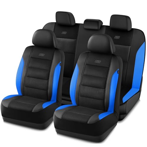 Skechers Aircooled & Memory Foam Seat Covers,Premium Leather with EVA Mesh Car Seat Covers,Seat Cover Full Sets,Airbag Compatible Automotive Comfort for Most Cars, Vans, Trucks, SUV,Blue - color: Black/Blue, size: Full Set