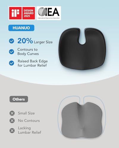 HUANUO Seat Cushion for Office Chair, Extra Large Memory Foam Cushion for Office Chair,Car & Wheelchair - Sciatica & Tailbone Pain Relief for Long Sitting, Ergonomic Design with Anti-Slip Bottom