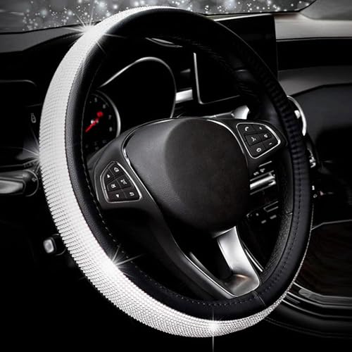 Bling Rhinestone Car Steering Wheel Cover for Women,PU Leather Crystal Diamonds Crown Steering Wheel Covers Non-Slip Universal 15"/38 cm (Black) - color: Black