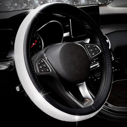 Bling Rhinestone Car Steering Wheel Cover for Women,PU Leather Crystal Diamonds Crown Steering Wheel Covers Non-Slip Universal 15"/38 cm (Black) - color: Black
