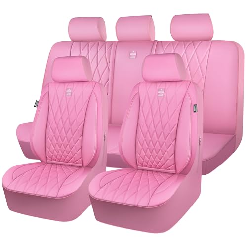 CAR PASS 5 Seats Piping Luxury Leather Seat Covers Full Set, Anti-Slip Waterproof Seat Covers Compatible with Front Armrests, Universal Fit for Suvs,Vans,Trucks,Airbag Compatible, Pure Pink - color: Pink, size: Full Set