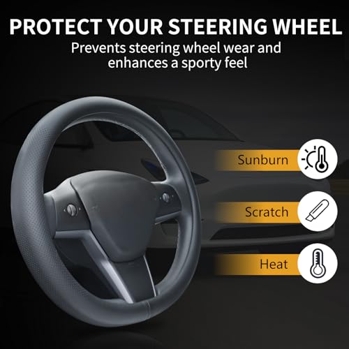 Nappa Leather Steering Wheel Cover Compatible with Tesla Model 3/Y 2016-2025 2026 Juniper/Highland, Non-Slip Breathable Model 3/Y Steering Wheel Protector, Black - color: Black