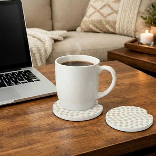 Ceramic Car Coasters, 2 Pack, 2.64" Absorbent Car Cup Holder Coasters, Cute Ceramic Car Coasters for Women, Brown Checkered Pattern - color: Brown2 Checkered