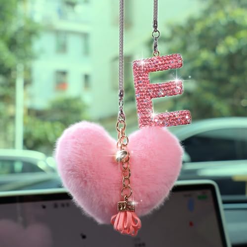 Bling Pink Car Accessories for Women Letter Charm, Rainbow Color Rear View Mirror Cute Crystal Pendant Car Decorations, Lucky Gifts Diamond Rhinestone Charm Interior (E, Tassel Heart) - color: Pink E