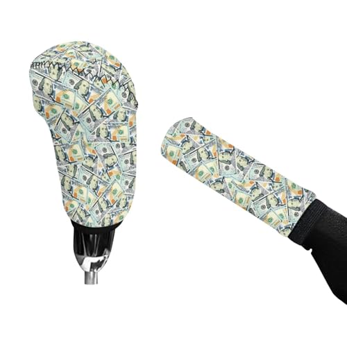 AFPANQZ Dollar Print Hand Brake Cover Sweat Absorbing with Breathable Car Gear Shift Sleeve Machine Washable 2 Pieces Set Vehicles Shift Knob Protection Cover - color: Dollar