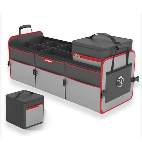 LIBZAKI Car Trunk Organizer,3 Compartments Big Trunk Storage, Large Capacity, Foldable, 95L Heavy Duty Storage Box for Car, SUV, Truck,Jeep, Includes 26L Cooler Bag-Gray&Black - color: Gray&Black