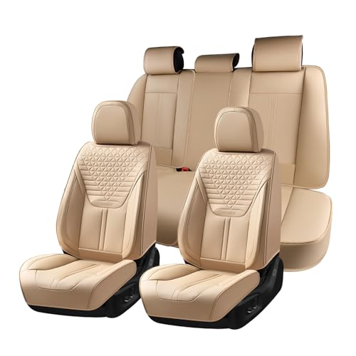 Car Seat Covers for Full Set, Universal Seat Cushion 5 Seats, Car Seat Protector Waterproof, Premium Leather Automotive Seat Covers for Most Cars, Sedans, SUVs, and Trucks-Beige