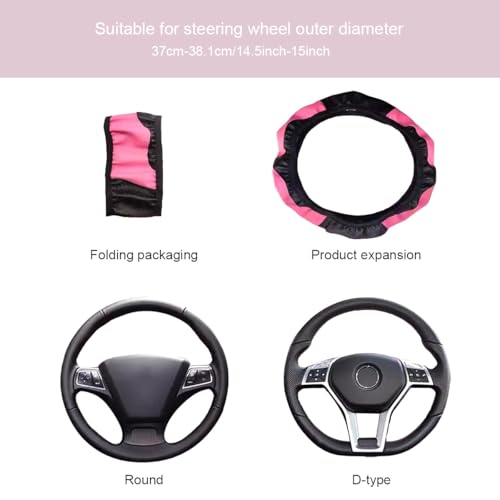 Ultra Fine Carbon Fiber Leather Steering Wheel Cover, Anti Slip and Sun Protective Protect the Steering Wheel, Easy to Install,Universal of 14.5"-15" (Pink) - color: Pink