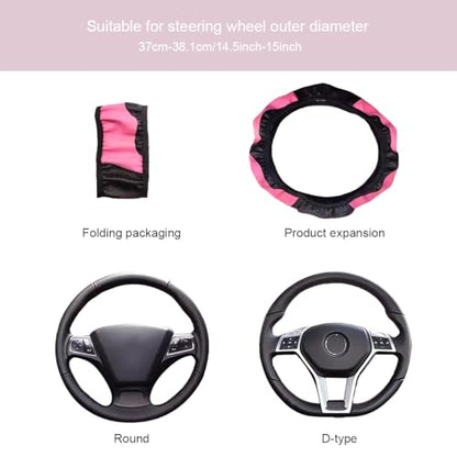 Ultra Fine Carbon Fiber Leather Steering Wheel Cover, Anti Slip and Sun Protective Protect the Steering Wheel, Easy to Install,Universal of 14.5"-15" (Pink) - color: Pink