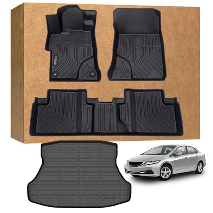 Floor Mats for 2012-2015 Honda Civic & Civic Si Only Sedan (Not for Coupe), TPE Waterproof Non-Slip All-Weather Protection Custom Fit (Floor Mats & Cargo Liner)