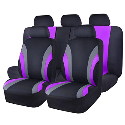 CAR PASS Line Rider Sporty Cloth Universal Fit Car Seat Cover -100% Breathable with 5mm Composite Sponge Inside,Airbag Compatible,3zipper Bench(Full Set, Black and Purple) - color: Black and Purple, size: Full Set