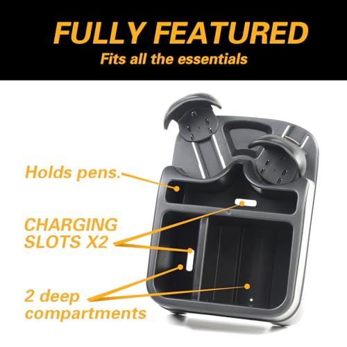 Large Size Plastic Console for Cars, Trucks, Minivans, SUVs with 2 Adjustable Drink Cup Holders Phone Book Holder, Back Bench and Front Seat or Floor Middle Console Universal Vehicle Organizer Black