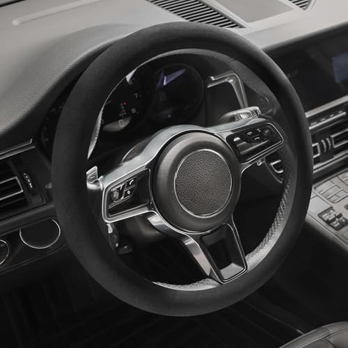 Suede Steering Wheel Cover with Upgraded Silicone Inner Ring, Anti Heat, Breathable, Anti-Slip, Leather Universal 14.5 to 15 inch Steering Wheel Cover (Pure Black) - style: Pure Black