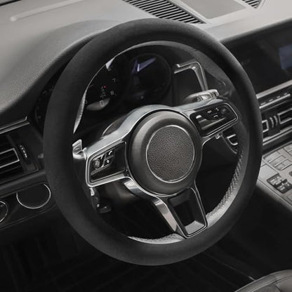 Suede Steering Wheel Cover with Upgraded Silicone Inner Ring, Anti Heat, Breathable, Anti-Slip, Leather Universal 14.5 to 15 inch Steering Wheel Cover (Pure Black) - style: Pure Black