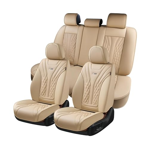 Coverado Car Seat Covers Full Set, 5 Seats Front Seat Cover and Back Seat Covers for Cars, Automotive Seat Covers Nappa Leather Waterproof Seat Covers, Car Seat Protectors Universal for Cars Red - color: Beige, size: FullSet