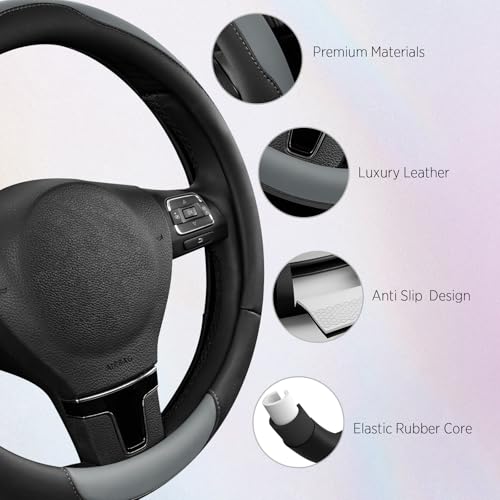 Road Comforts Steering Wheel Cover, Breathable Anti-Slip Leather Steering Wheel Cover, Universal Fit 14.5–15 Inch, Comfortable Grip - Gray Color