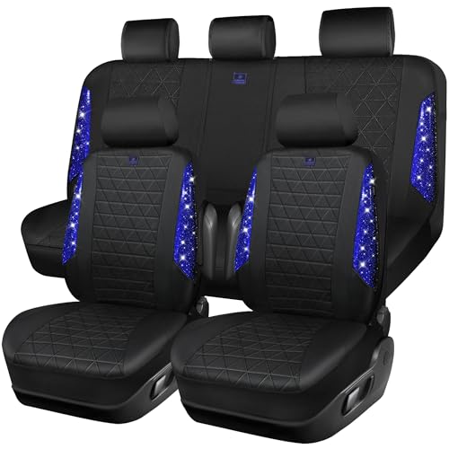 CAR PASS Oxford Bling Diamond Car Seat Covers Full Set Interior Sets, Waterproof Shining Glitter Sparkly Crystal Universal Armrest Fit 95% Automotive Truck SUV Cute Women Girl, Black Blue Rhinestone - color: Blue-Oxford, size: Full Set
