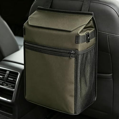 Car Trash Can with Lid, 100% Leak-Proof Removable Liner, Collapsible Automotive Garbage Bin & Organizer with Storage Pockets, Universal Fit for SUV, Truck, RV (Military Green) - color: Military Green