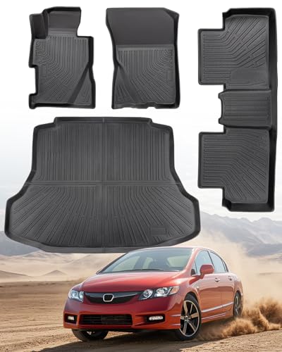 Car Floor Mats for Honda Civic: 2006 2007 2008 2009 2010 2011 All Weather Rubber Black Trunk Liner Full Set Mats Fit for 5-Seat 8th Gen Civic Si Sedan (Not Fit Coupe) TPE Cutsom Automotive Accessories