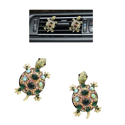 ORIESSE Green Sea Turtle Coastal Car Decor, 2pcs Turtle Car Air Freshener Vent Clips,Sparkling Beach Ocean Themed Dashbaord Decorations Accessories for Women,Rhinestone Refillable Diffuser