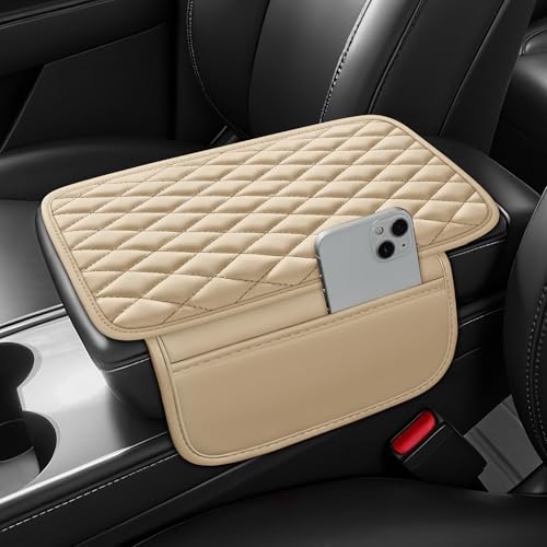 Waterproof Leather Car Center Console Pad with 2 Storage Bags, Auto Armrest Box Cover Protector, Comfortable Interior Accessories for Most Household Cars, Sedans & SUV (Cream) - color: Cream