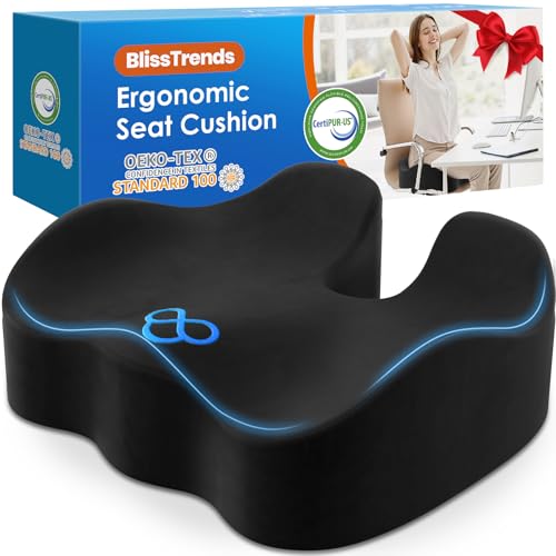 BlissTrends Seat Cushion,5.2in Thick Memory Foam Cushions for Office Chair, Car Seat, Airplane, Relieving Pressure Tailbone Sciatica Back Pain for Long Sitting Office Workers, Car Drivers Black - color: Black, size: X-Large