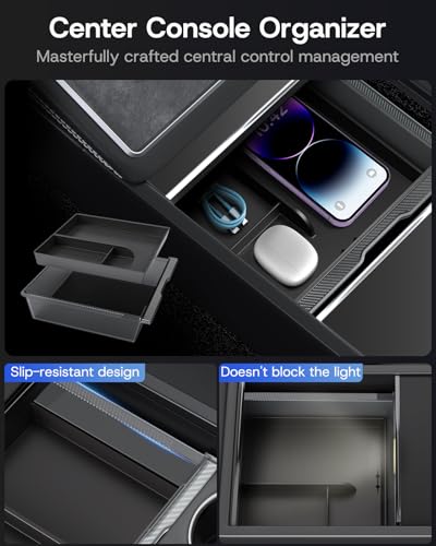 Center Console Organizer Tray for Tesla Model Y Juniper 2026 2025 (Premium & Performance), 8PCS - PC Material & Silent Silicone Armrest Storage Box Bottom Liners Wireless Charging Pad Cup Holder - size: Model Y Juniper